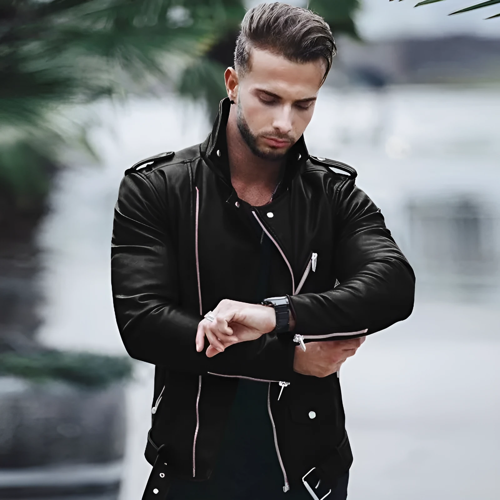 Men's PU leather jacket in brown, front view, with collar and zip closure.