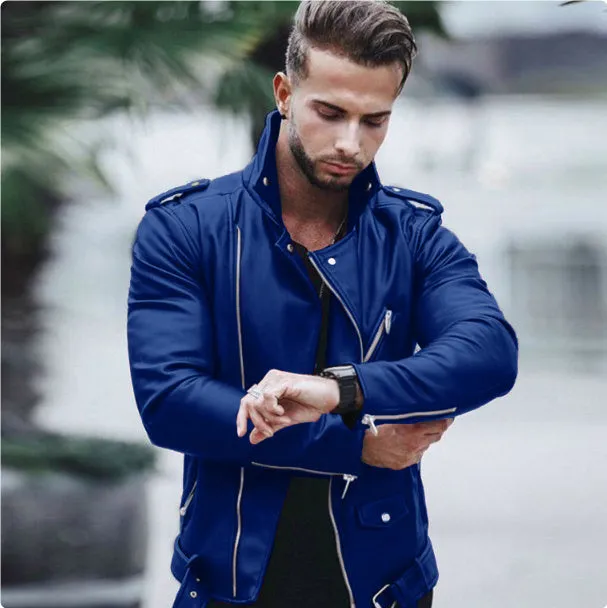 Men's PU leather jacket in brown, front view, with collar and zip closure.