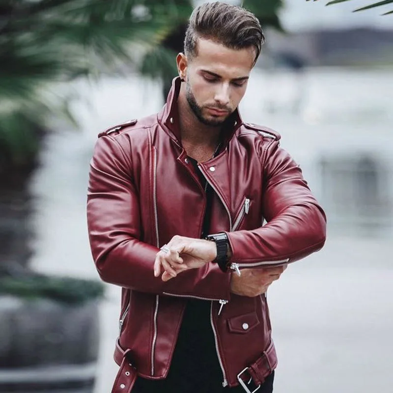 Men's PU leather jacket in brown, front view, with collar and zip closure.