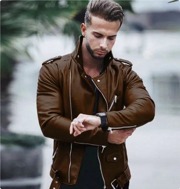 Men's PU leather jacket in brown, front view, with collar and zip closure.