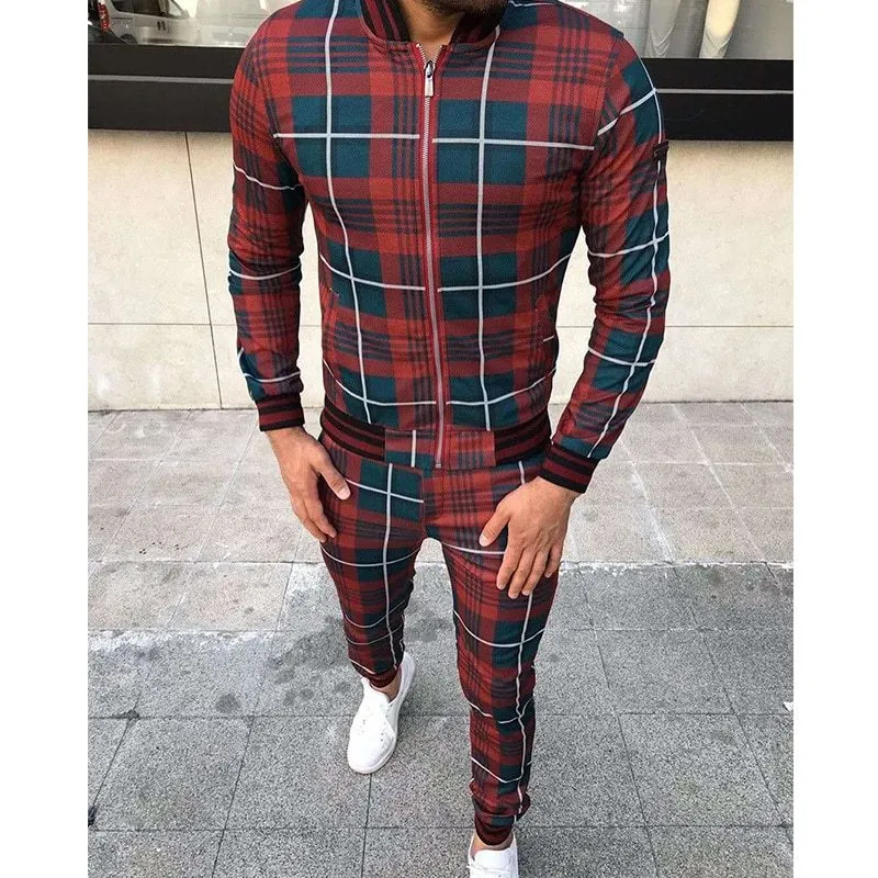 Men's grid patchwork two-piece zipper tracksuit set in blue with stand-up collar and small leg trousers