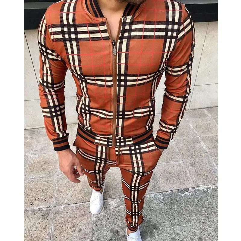 Men's grid patchwork two-piece zipper tracksuit set in blue with stand-up collar and small leg trousers