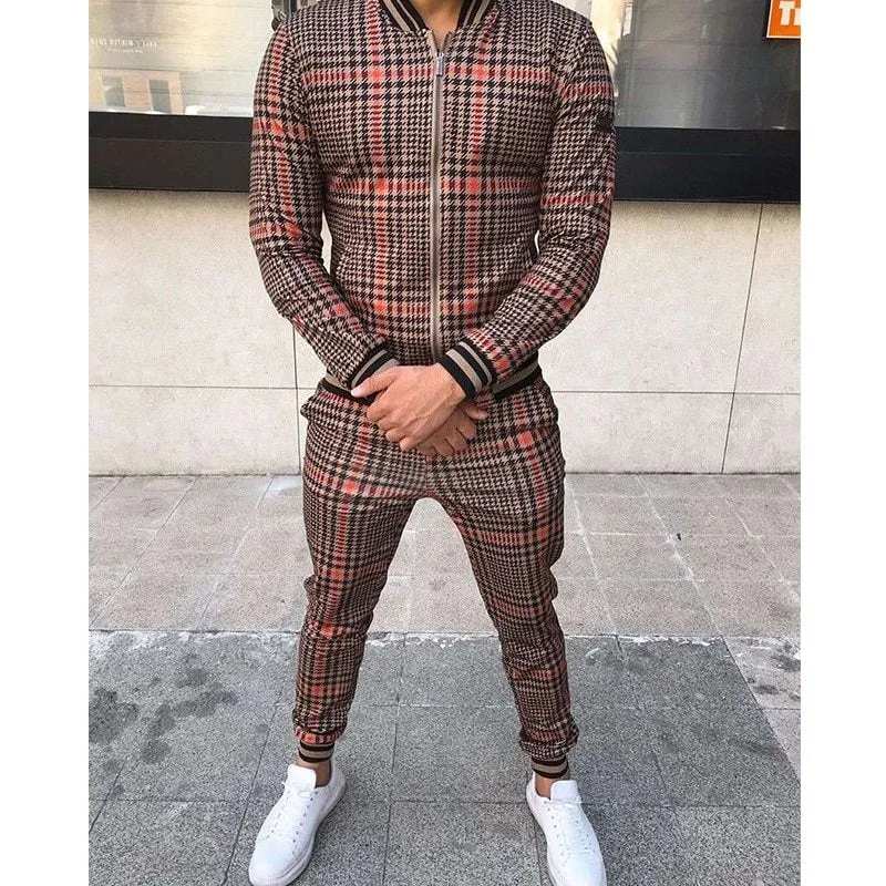 Men's grid patchwork two-piece zipper tracksuit set in blue with stand-up collar and small leg trousers
