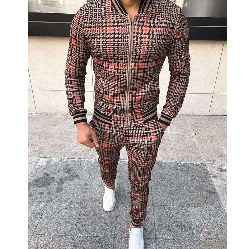 Men's grid patchwork two-piece zipper tracksuit set in blue with stand-up collar and small leg trousers