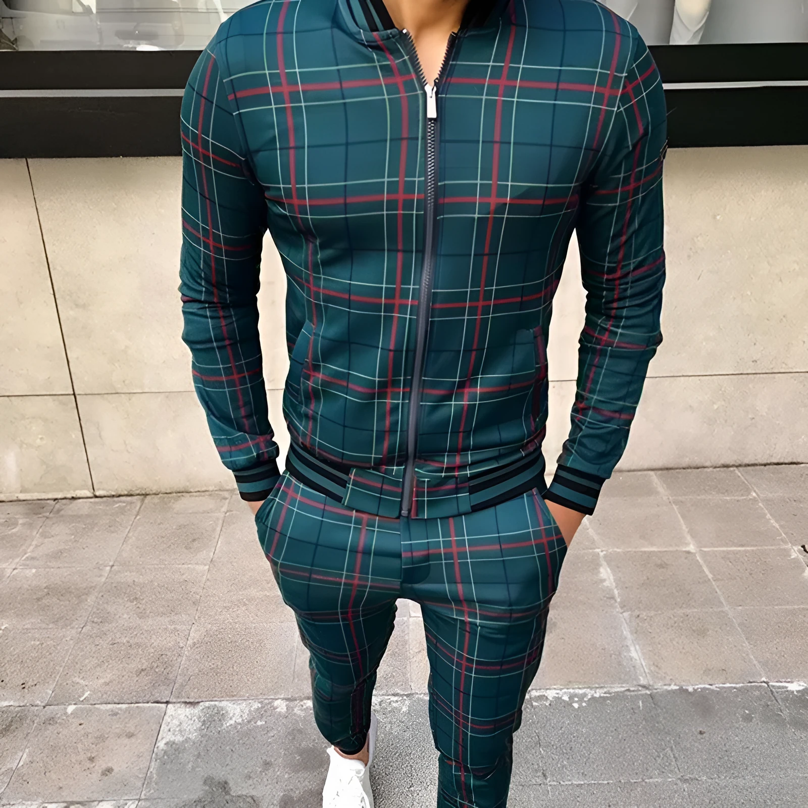 Men's grid patchwork two-piece zipper tracksuit set in blue with stand-up collar and small leg trousers