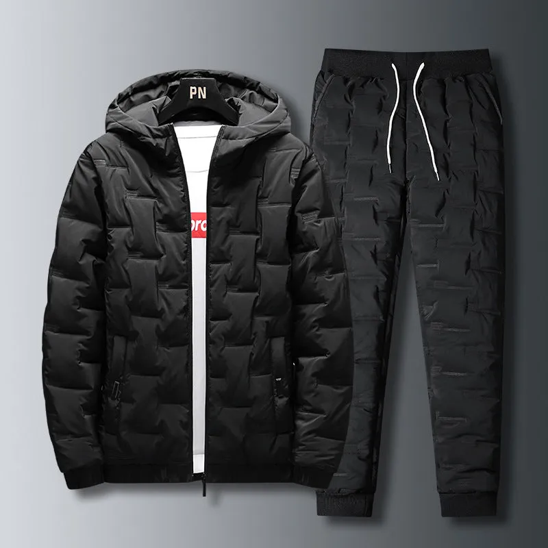 Men's autumn winter suit set with hooded long sleeve polyester jacket and matching trousers in black and grey options