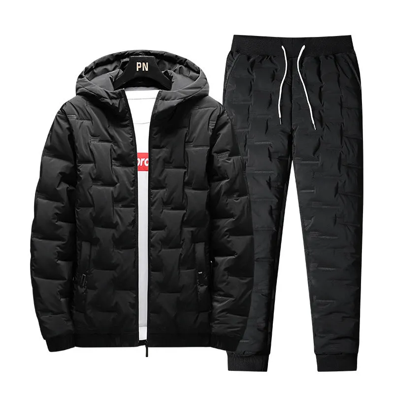 Men's autumn winter suit set with hooded long sleeve polyester jacket and matching trousers in black and grey options