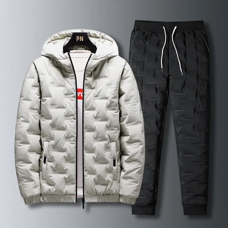 Men's autumn winter suit set with hooded long sleeve polyester jacket and matching trousers in black and grey options