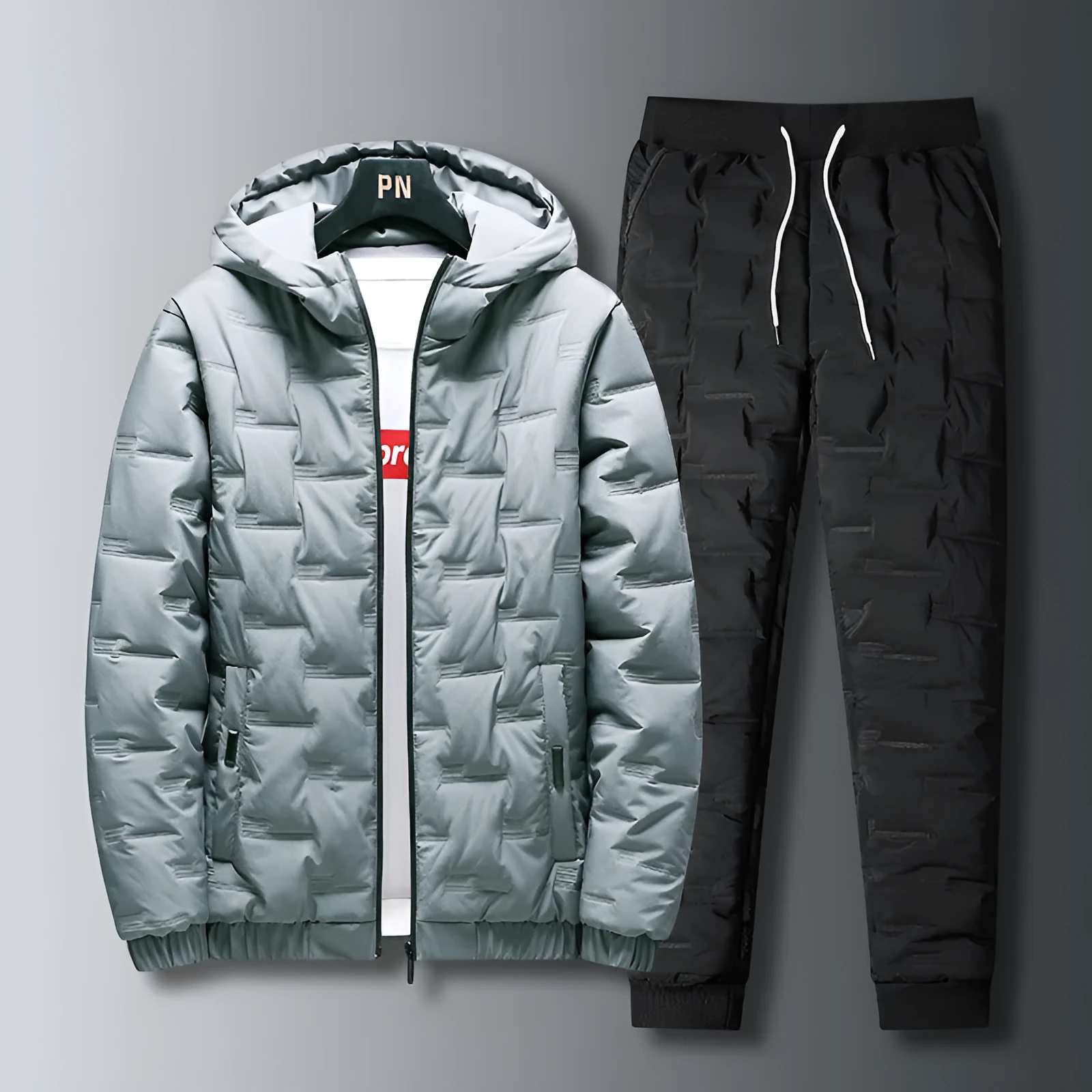 Men's autumn winter suit set with hooded long sleeve polyester jacket and matching trousers in black and grey options