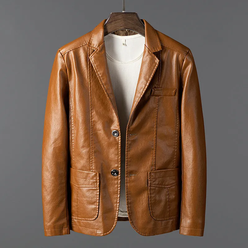 Men's PU leather jacket with studded lapels and quilted sleeves in black, red, and orange, sizes M to 6XL