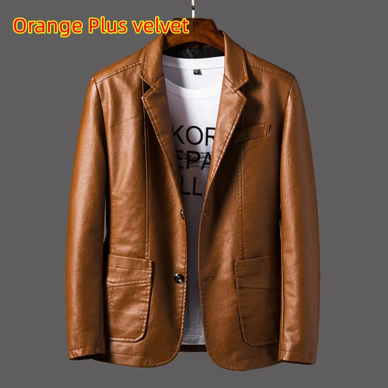 Men's PU leather jacket with studded lapels and quilted sleeves in black, red, and orange, sizes M to 6XL