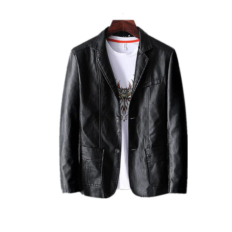 Men's PU leather jacket with studded lapels and quilted sleeves in black, red, and orange, sizes M to 6XL