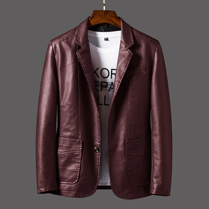 Men's PU leather jacket with studded lapels and quilted sleeves in black, red, and orange, sizes M to 6XL