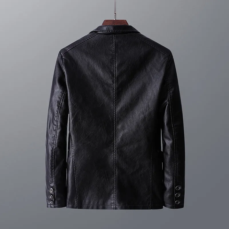 Men's PU leather jacket with studded lapels and quilted sleeves in black, red, and orange, sizes M to 6XL