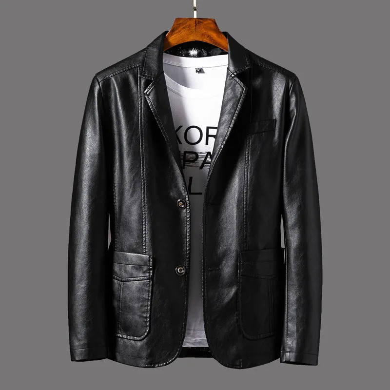 Men's PU leather jacket with studded lapels and quilted sleeves in black, red, and orange, sizes M to 6XL