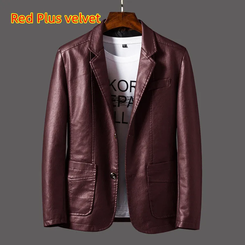 Men's PU leather jacket with studded lapels and quilted sleeves in black, red, and orange, sizes M to 6XL
