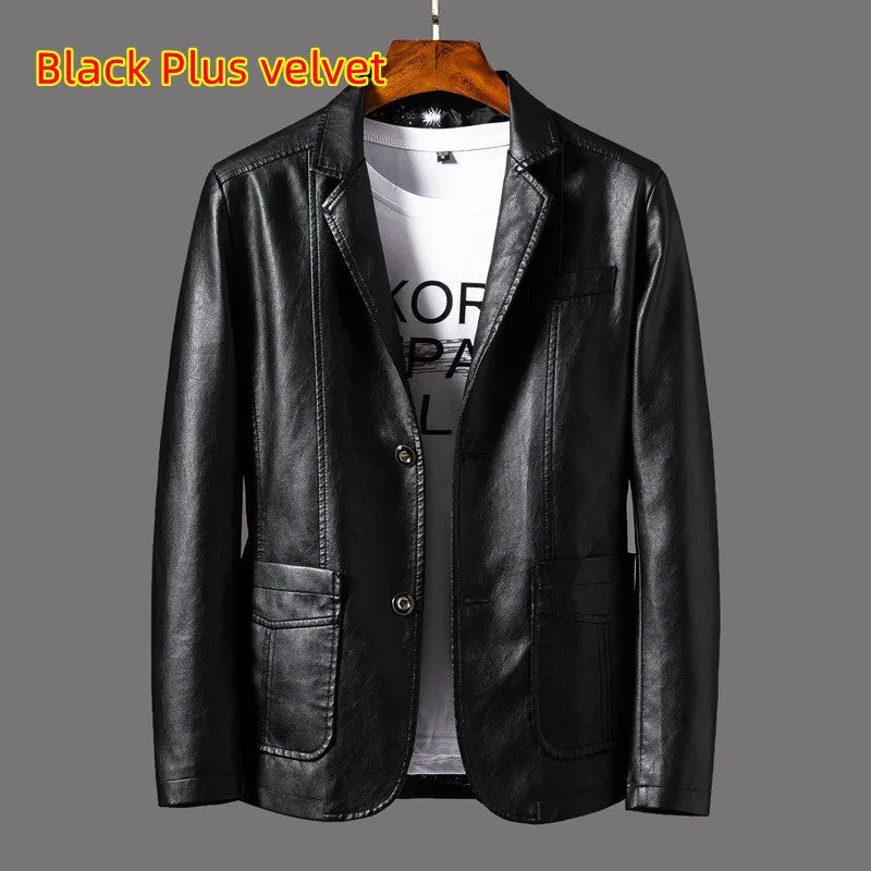 Men's PU leather jacket with studded lapels and quilted sleeves in black, red, and orange, sizes M to 6XL