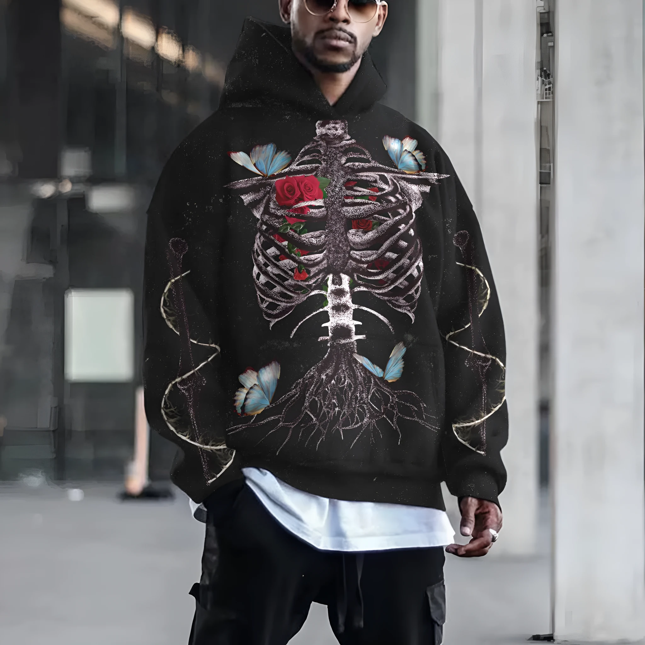 3D printed Halloween hoodie for men and women in black polyester with slim fit and patch pocket