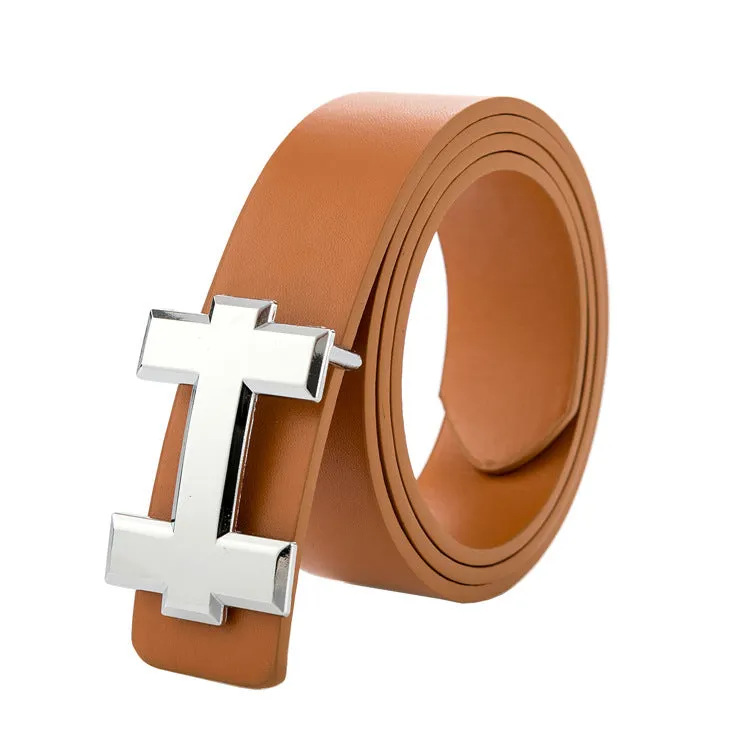 Neutral PU leather belt with rectangular alloy buckle in black, 110cm length