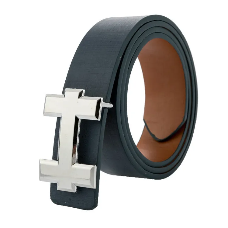 Neutral PU leather belt with rectangular alloy buckle in black, 110cm length