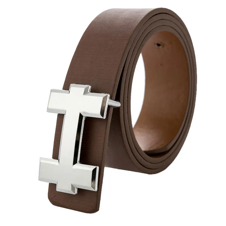 Neutral PU leather belt with rectangular alloy buckle in black, 110cm length