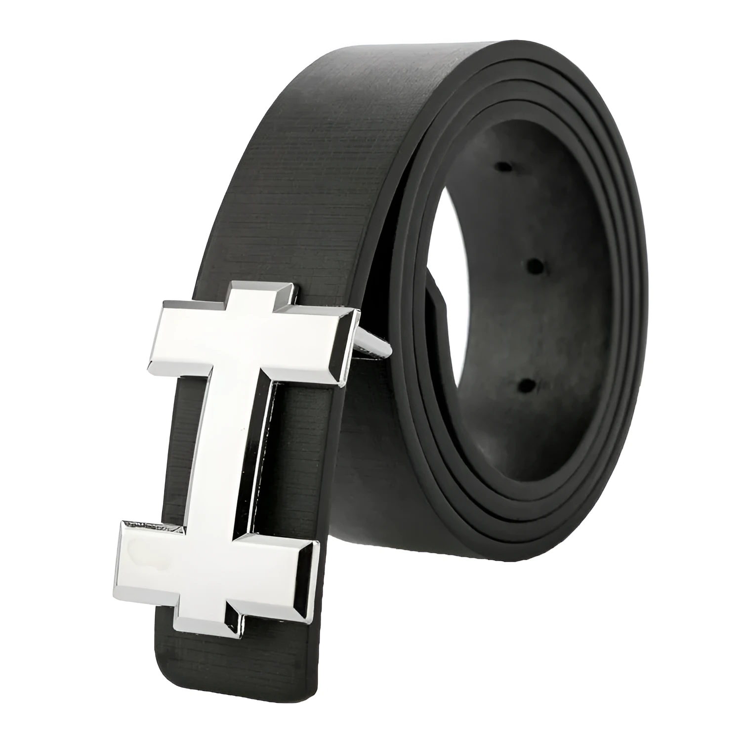 Neutral PU leather belt with rectangular alloy buckle in black, 110cm length