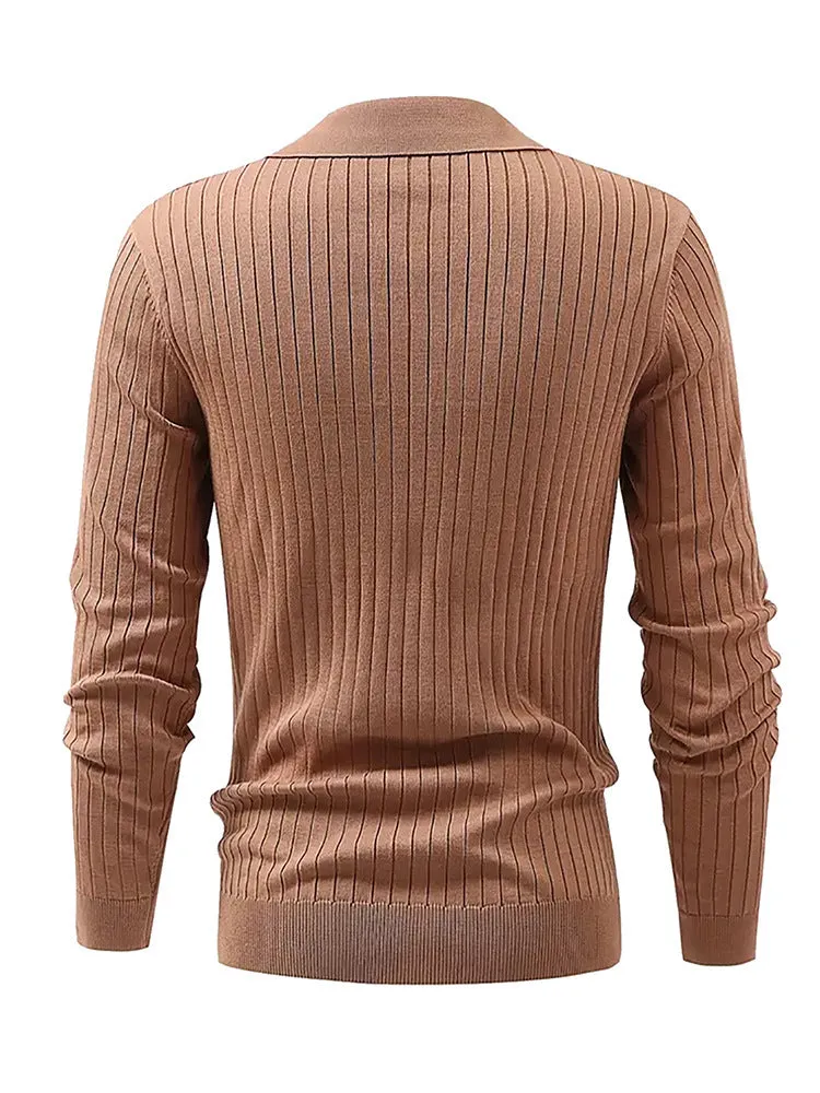 Men's slim fit waffle texture long sleeve knit polo shirt in dark green, front view