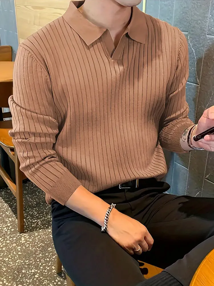 Men's slim fit waffle texture long sleeve knit polo shirt in dark green, front view