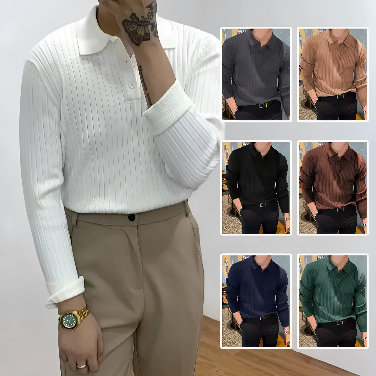 Men's slim fit waffle texture long sleeve knit polo shirt in dark green, front view