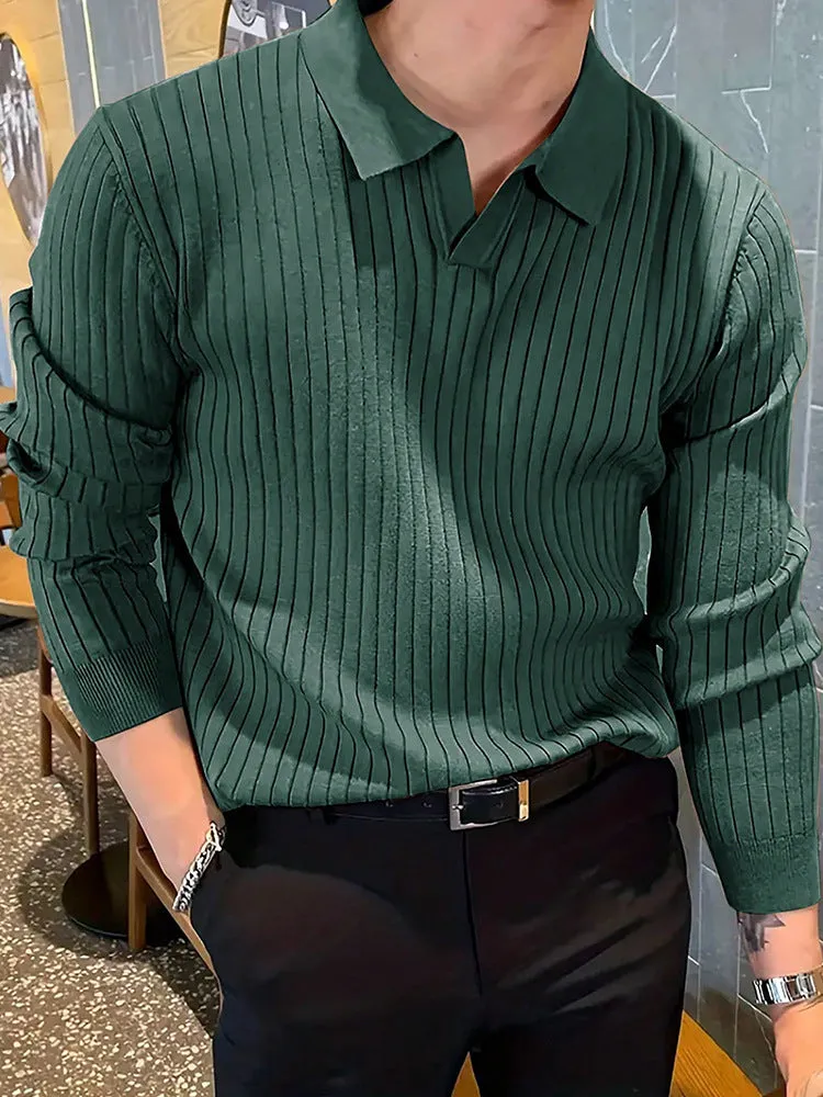 Men's slim fit waffle texture long sleeve knit polo shirt in dark green, front view