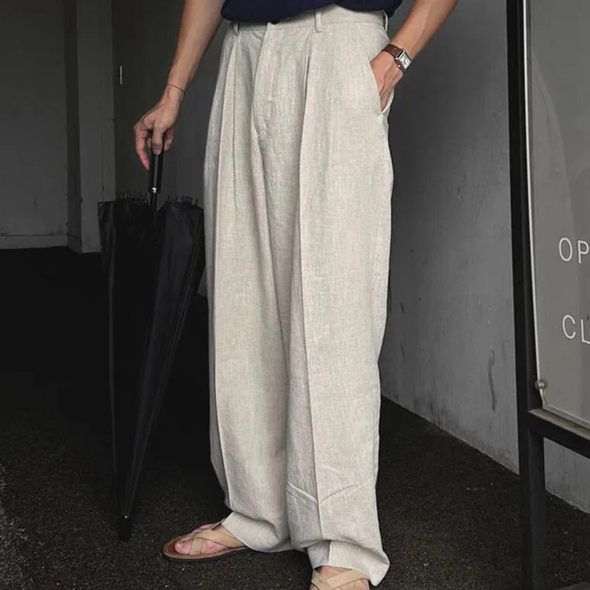 Men's light-weight cotton linen trousers in apricot with wide-leg design and micro-elastic waist