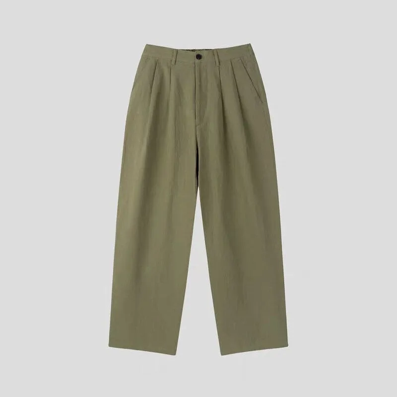 Men's light-weight cotton linen trousers in apricot with wide-leg design and micro-elastic waist