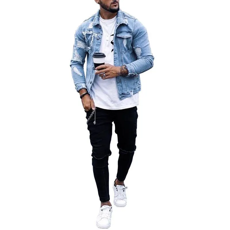 Men's light blue denim jacket with ripped and washed finish, lapel collar, hip hop style, front view