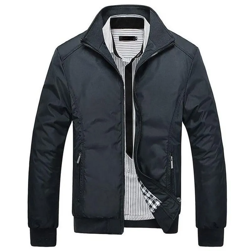 Men's blue extra wide polyester casual jacket with stand collar and zip front on display.