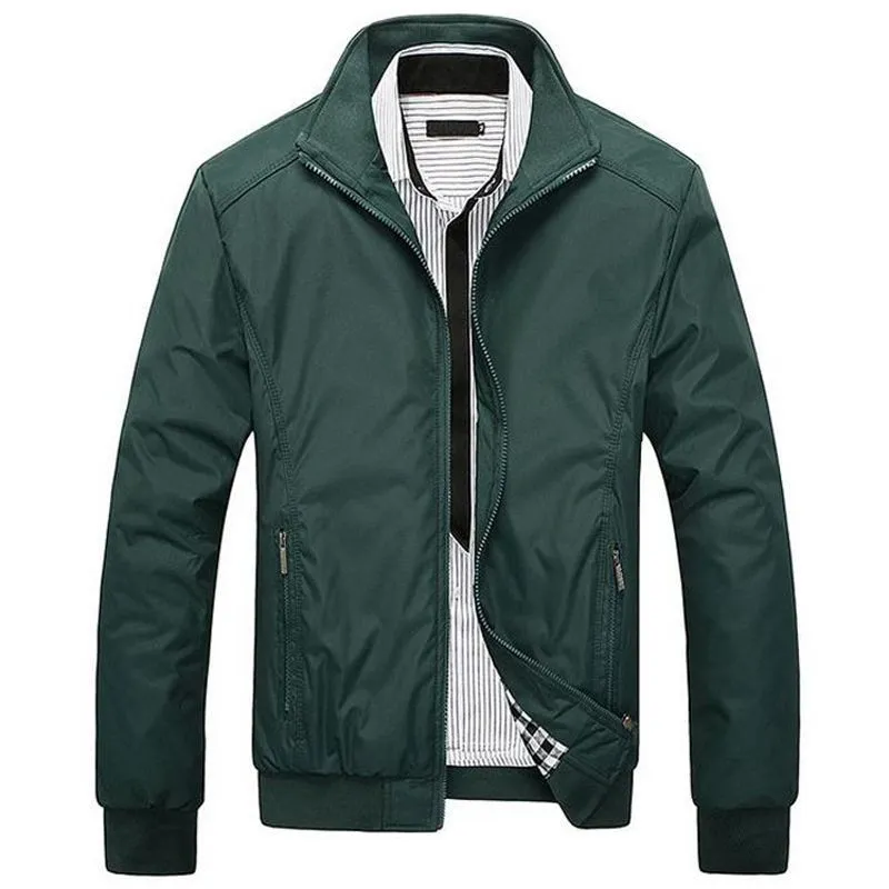 Men's blue extra wide polyester casual jacket with stand collar and zip front on display.