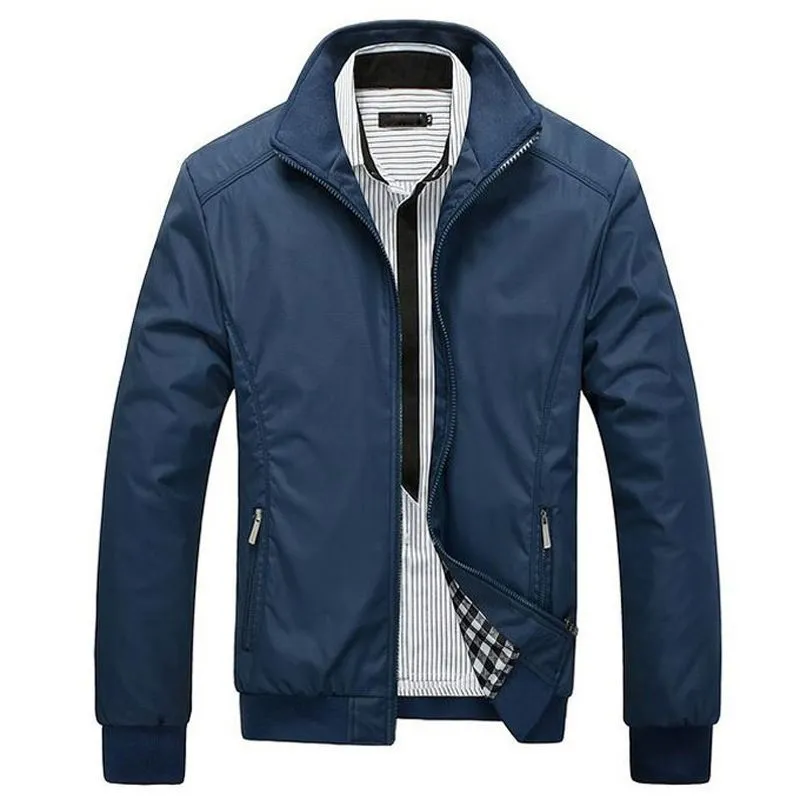 Men's blue extra wide polyester casual jacket with stand collar and zip front on display.