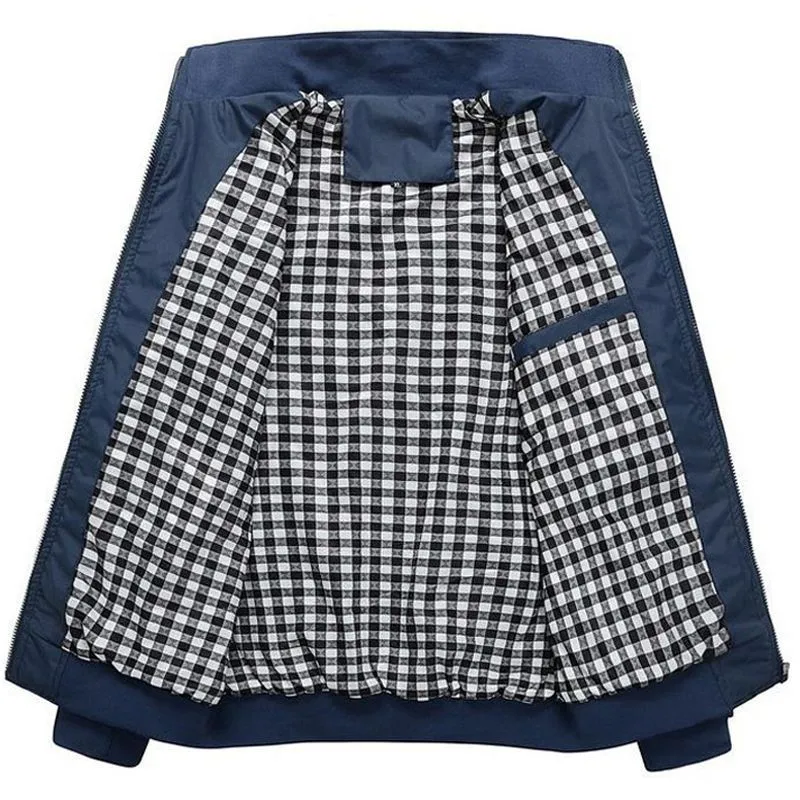 Men's blue extra wide polyester casual jacket with stand collar and zip front on display.