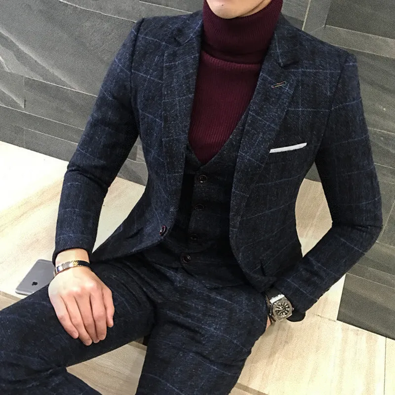 Men's slim fit plaid suit set in royal blue with single breasted jacket and flat front trousers