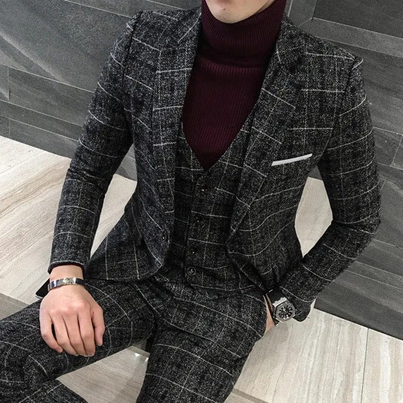 Men's slim fit plaid suit set in royal blue with single breasted jacket and flat front trousers