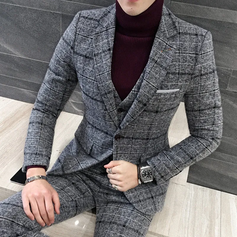 Men's slim fit plaid suit set in royal blue with single breasted jacket and flat front trousers
