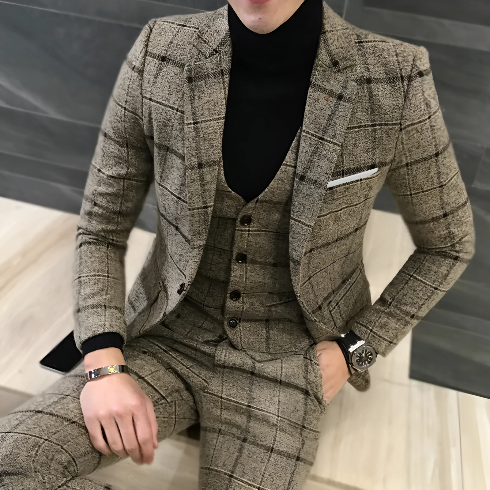 Men's slim fit plaid suit set in royal blue with single breasted jacket and flat front trousers
