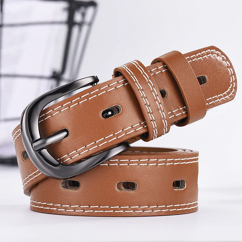 Unisex hollow-out PU faux leather belt 105cm long with square alloy pin buckle in khaki colour
