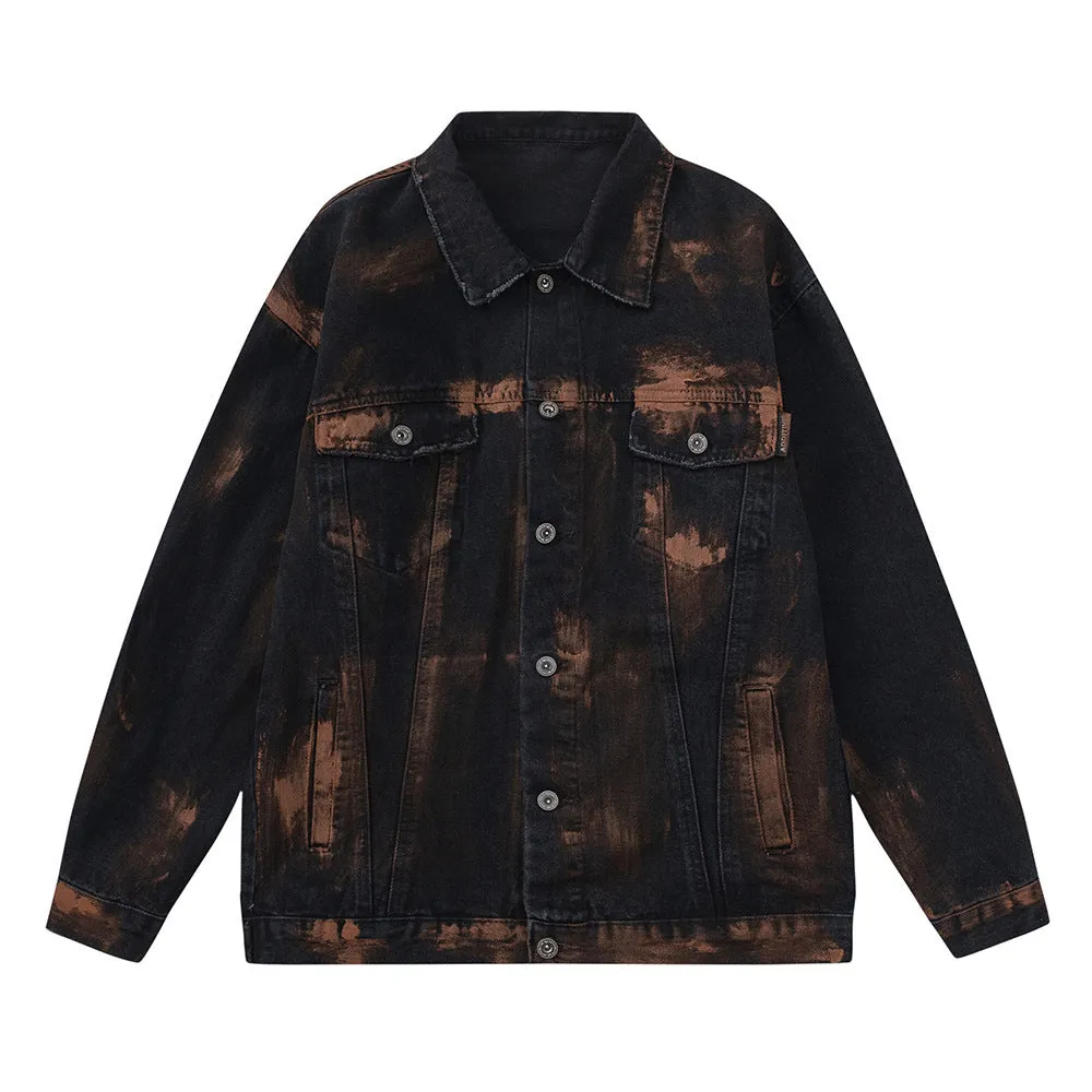 Black cotton denim jacket for men with fashion holes in street style