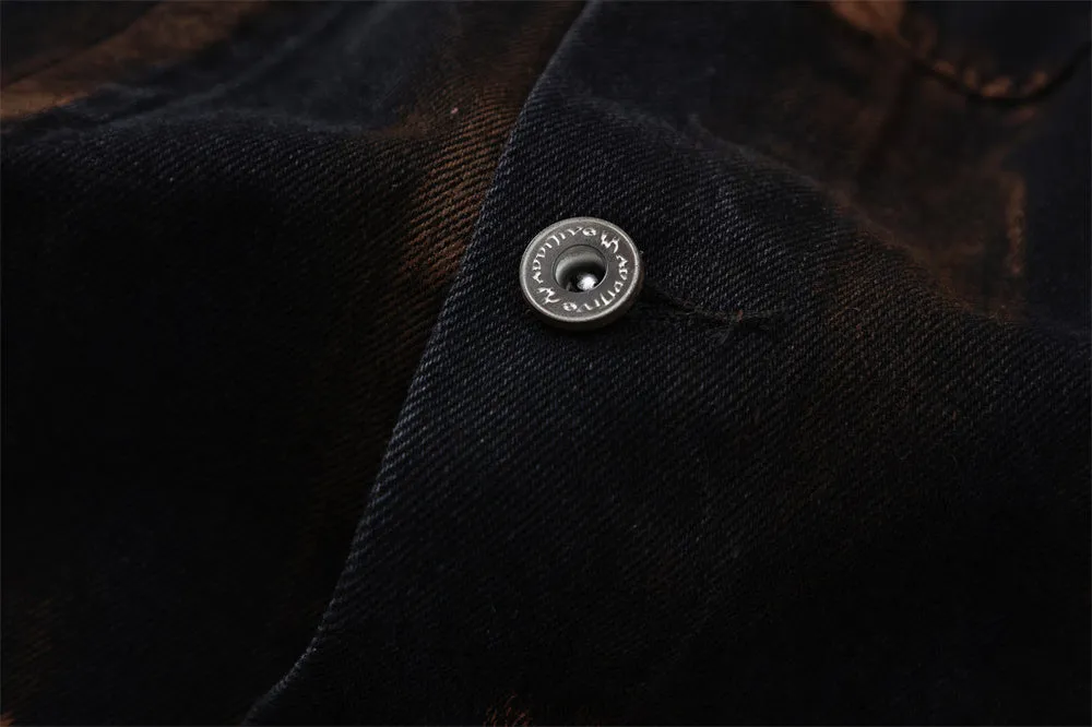 Black cotton denim jacket for men with fashion holes in street style