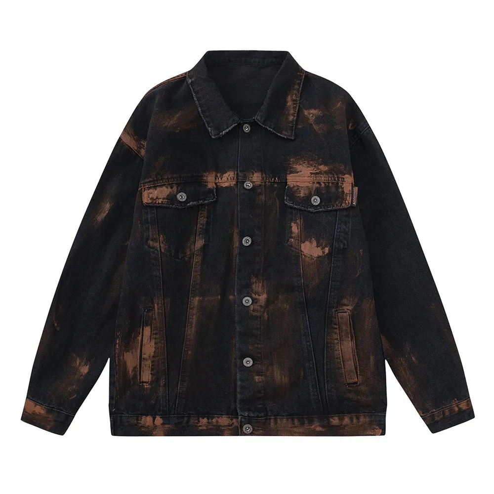 Black cotton denim jacket for men with fashion holes in street style