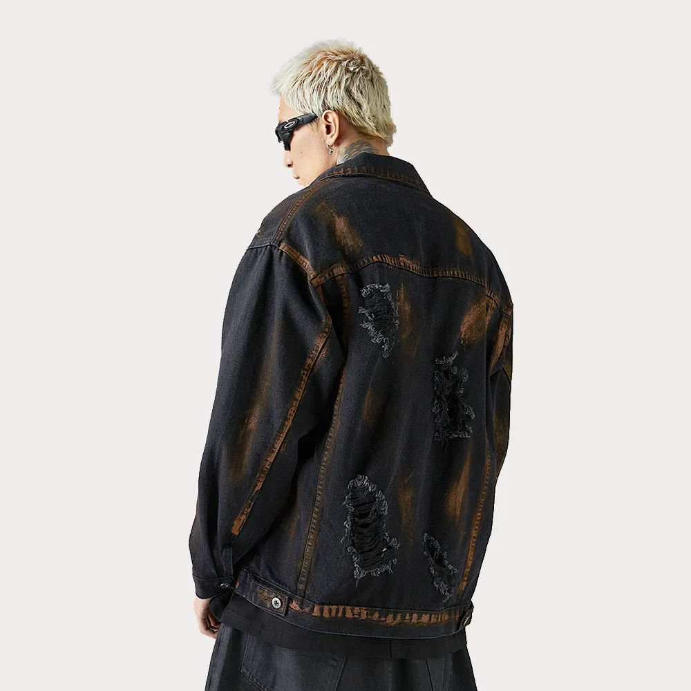 Black cotton denim jacket for men with fashion holes in street style