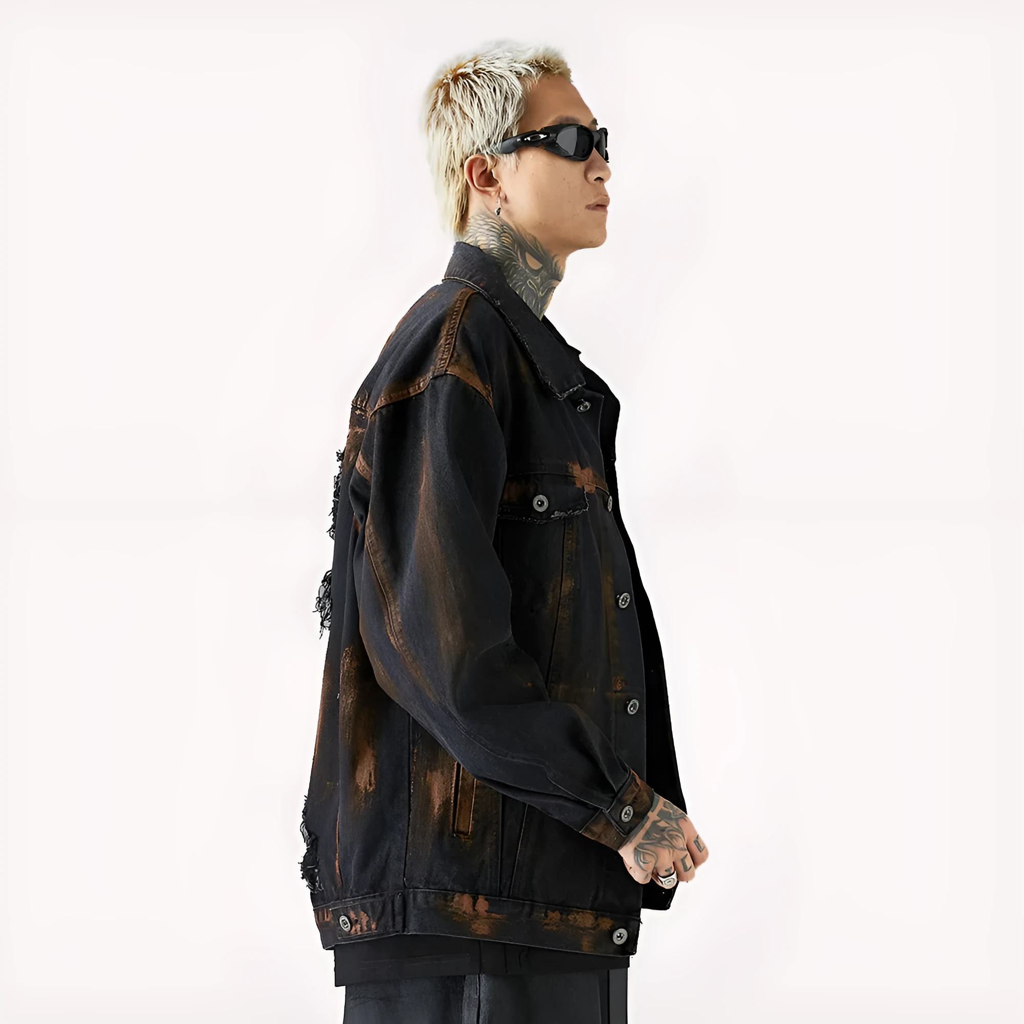 Black cotton denim jacket for men with fashion holes in street style