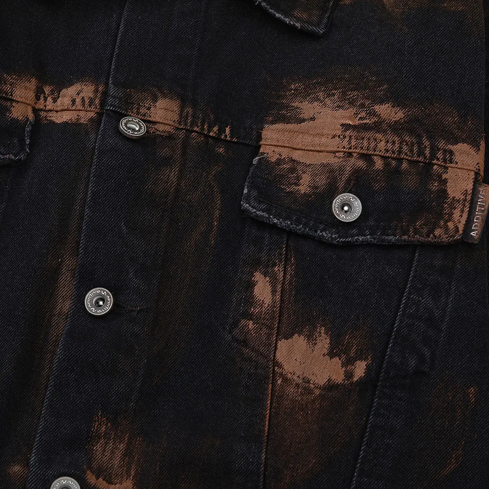 Black cotton denim jacket for men with fashion holes in street style