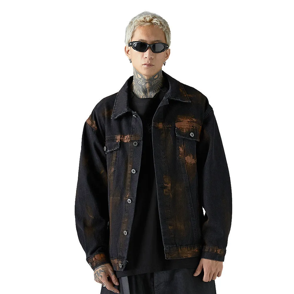 Black cotton denim jacket for men with fashion holes in street style