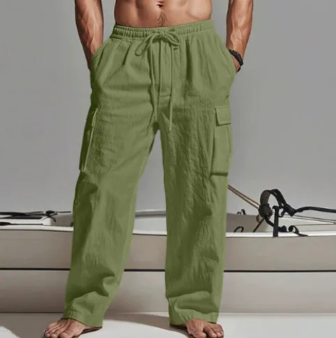 Men's cotton wide-leg casual trousers in light army green colour showing loose fit and mid-waist design
